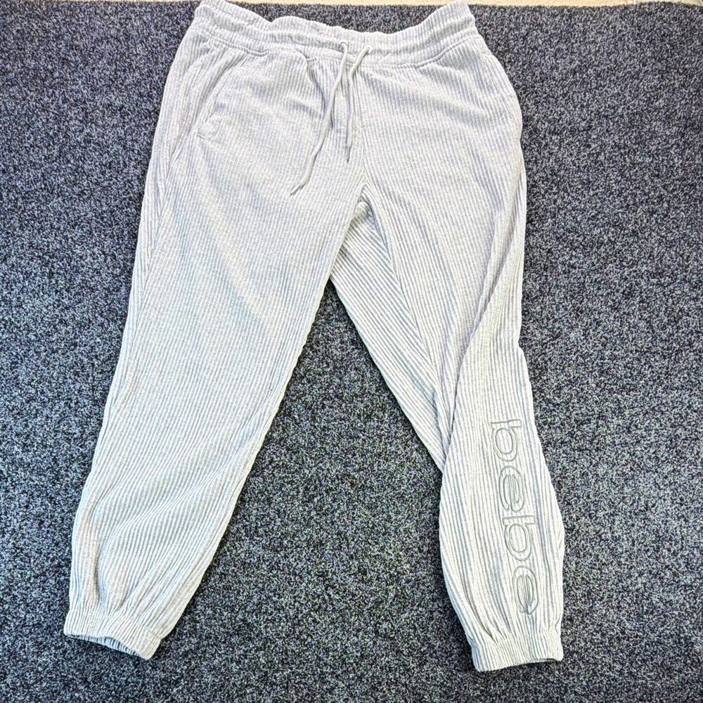 bebe sport Women's Gray Ribbed Knit Jogger Pants Drawstring Elastic Waist 1X